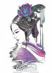 Tatouage Femme Geisha - Profil Apaisant Et Fleur De Lys Violette Asian