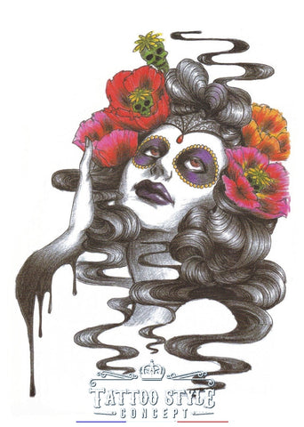 Tatouage temporaire Femme Masque Mexicain et fleurs tête de mort