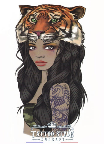 Tatouage Femme Trappeuse Au Chapeau De Tigre