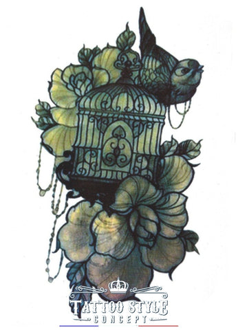Tatouage Fleur Et Oiseau Avec Cage Atypique