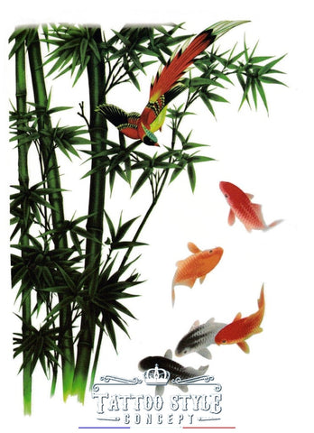 Tatouage Floral - Tige De Bambou Avec Oiseau Et Poissons Fleurs