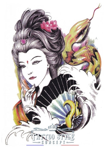 Tatouage Geisha Et Serpent Au Crayon Asian