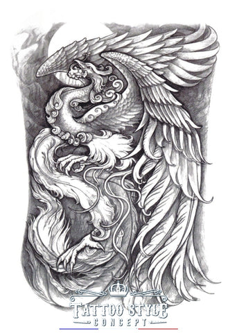 Tatouage temporaire Grand Phoenix majestueux en noir et blanc