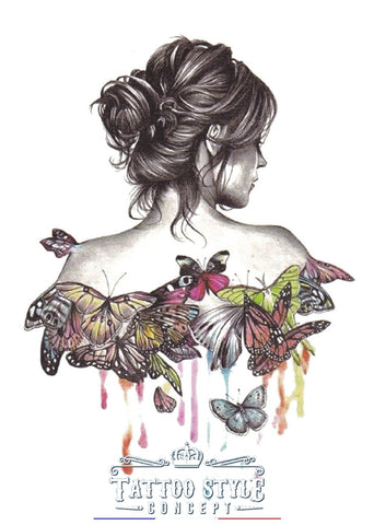 Tatouage temporaire Illusion - Femme et papillons fusion multicolore