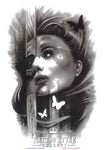 Tatouage temporaire Illusion - Papillons, Femme avec reflet mortel en noir et blanc