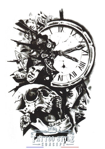 Tatouage Noir Classique - Horloge Du Temps Brisé Et Tête De Mort Abstrait