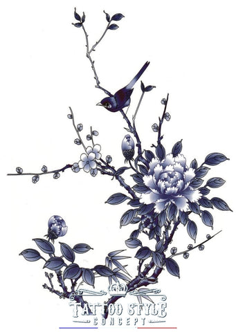 Tatouage Peinture Branche Fleur Et Oiseau Bleu Blanc Fleurs