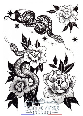 Tatouage Serpent Et Fleurs En Noir Blanc Animaux