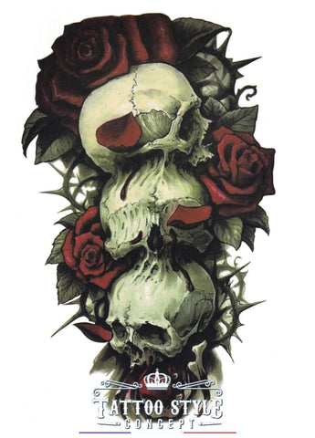 Tatouage Sinistre - Trois Têtes De Mort Et Roses Skull