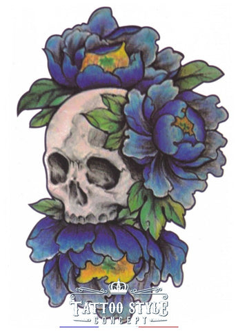 Tatouage Tête De Mort Et Fleurs Bleues Skull