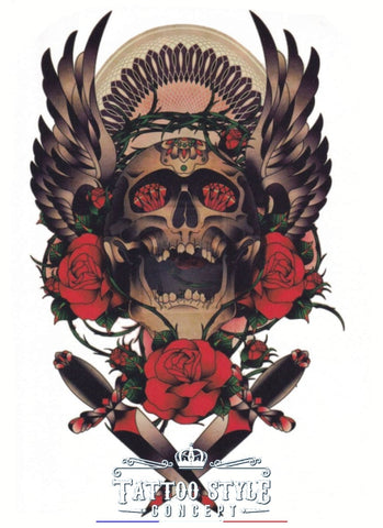 Tatouage Tête De Mort Rose Rouge Et Dagues Skull