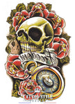 Tatouage Tête De Mort Stylé Avec Montre Gousset Et Fleurs Rouges Skull