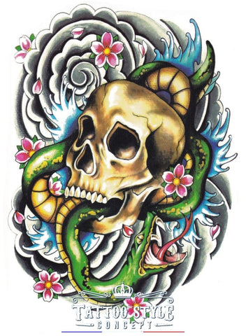 Tatouage Vintage - Crâne Et Serpent Fleuris Skull